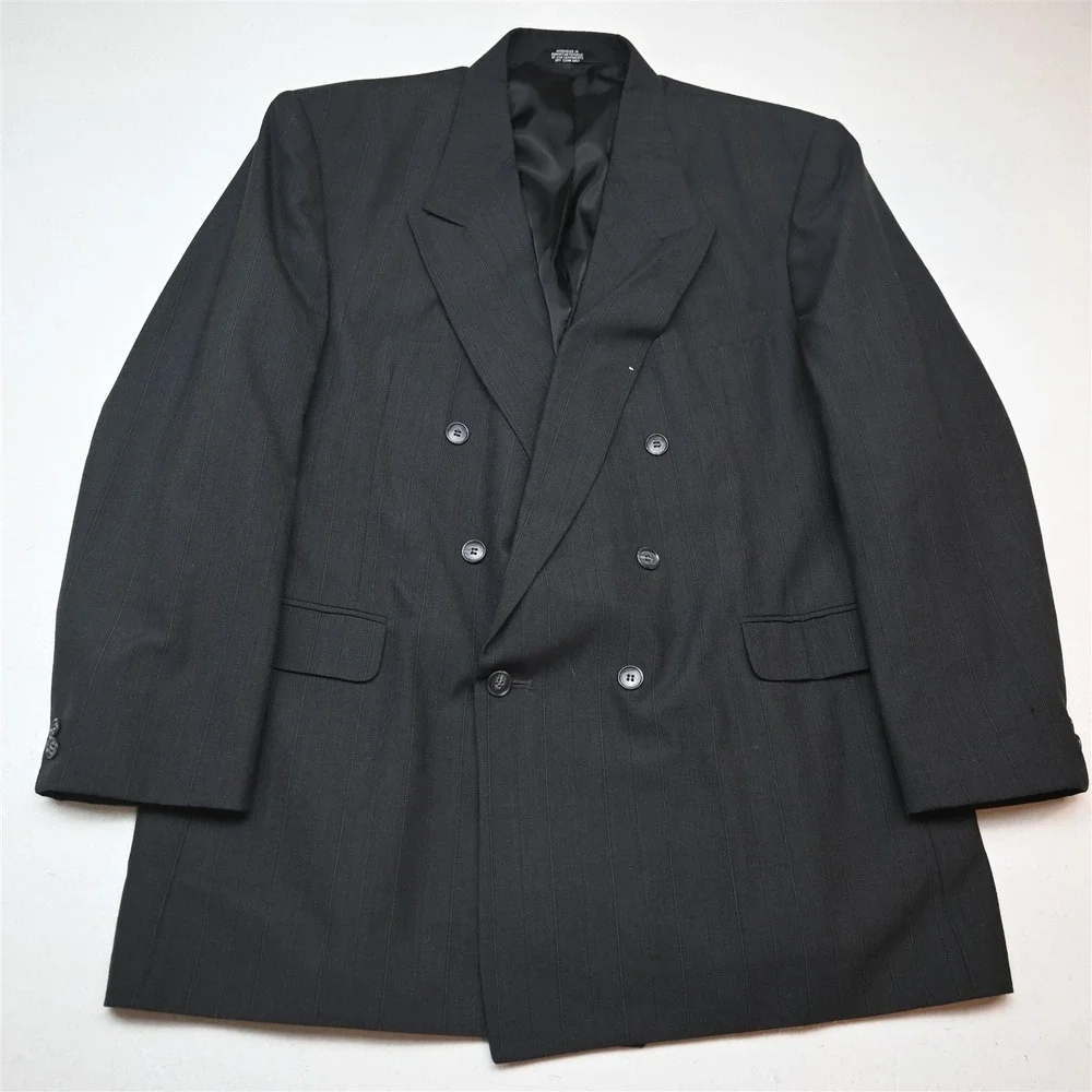 Vtg Y2K 2000s Boxy Double Breasted 46L 36x32 Gray Striped Wool Jacket Pants Suit